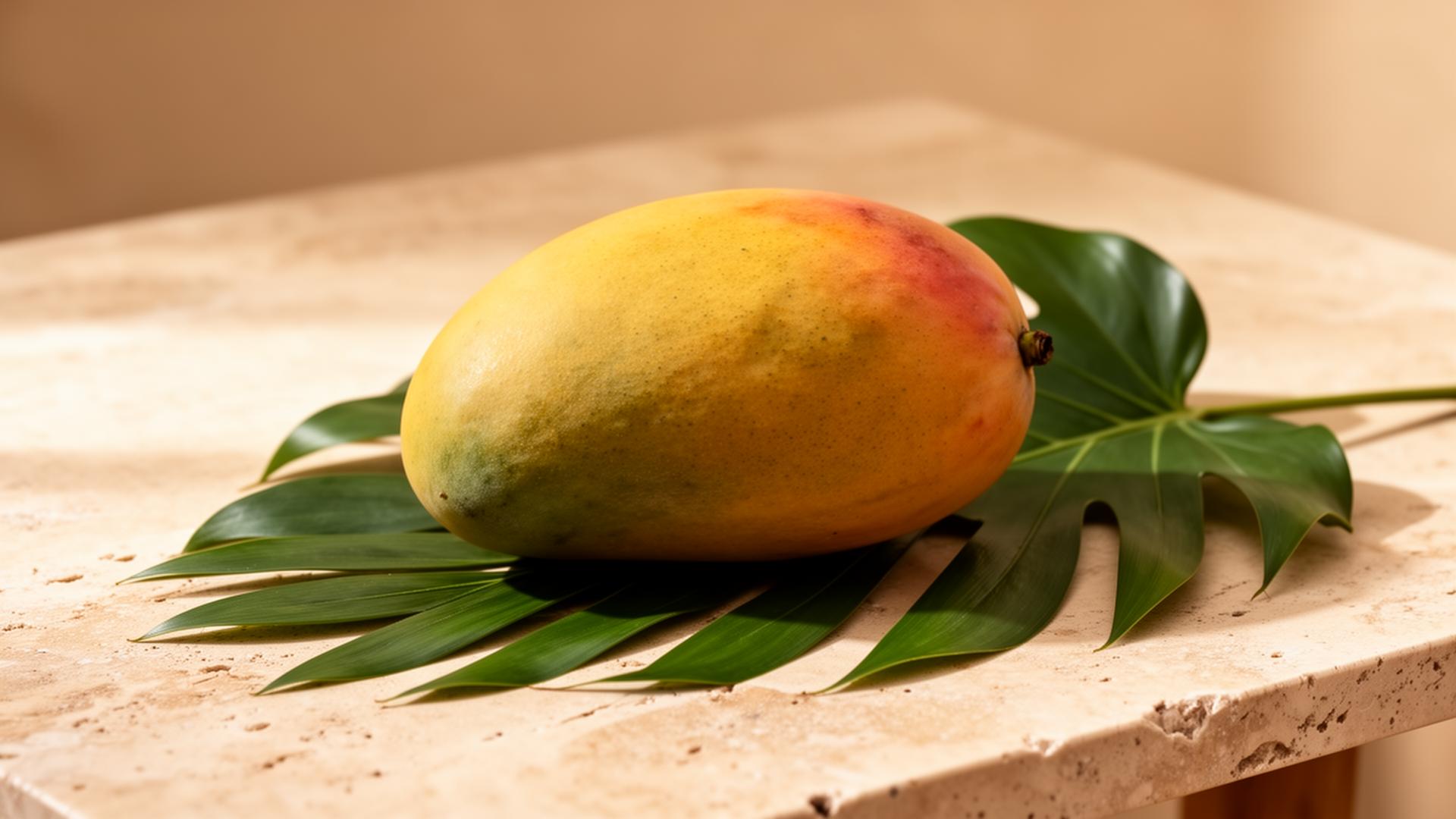 Mango fresco y hojas tropicales sobre piedra